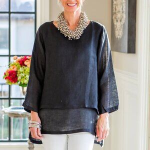 Crown Linen Designs Womens Audrey Elegant Black Top 100% Linen Blouse Size Large